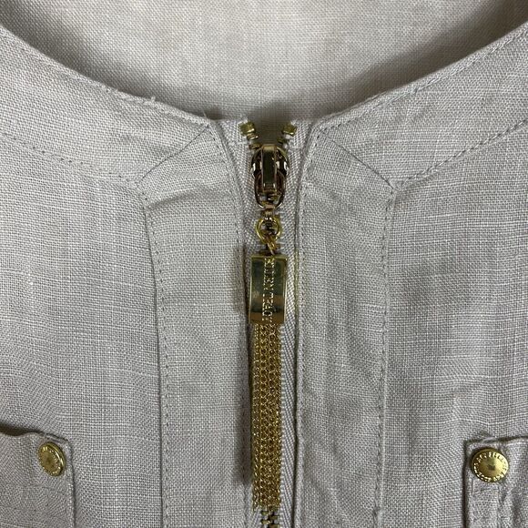 Ellen Tracy Tan 100% Linen Tunic Sm Lagenlook Boho Roll Tab Sleeve Quiet Luxury - Picture 7 of 12